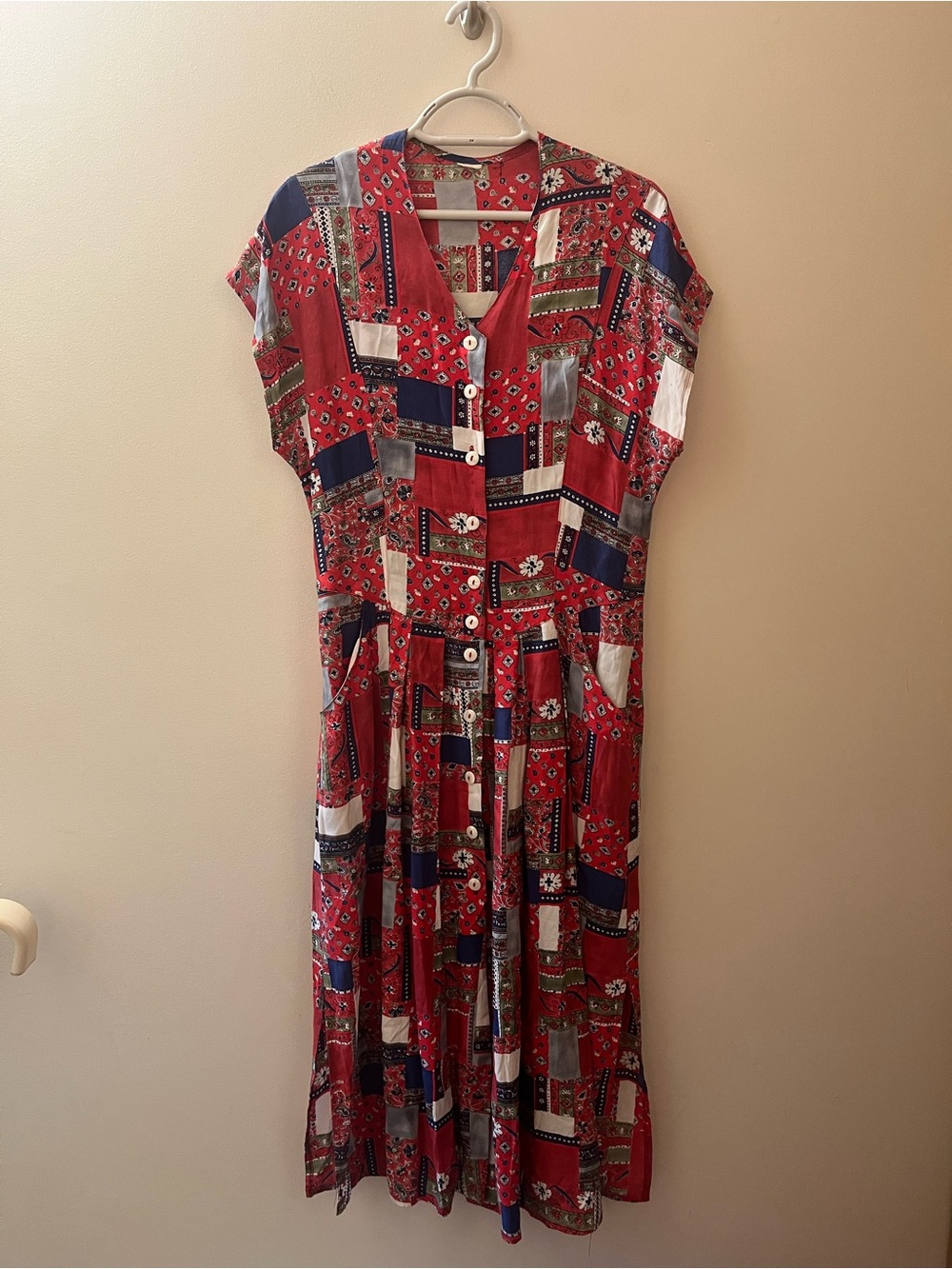 VTG Red Patchwork Button-Front Women’s Dress